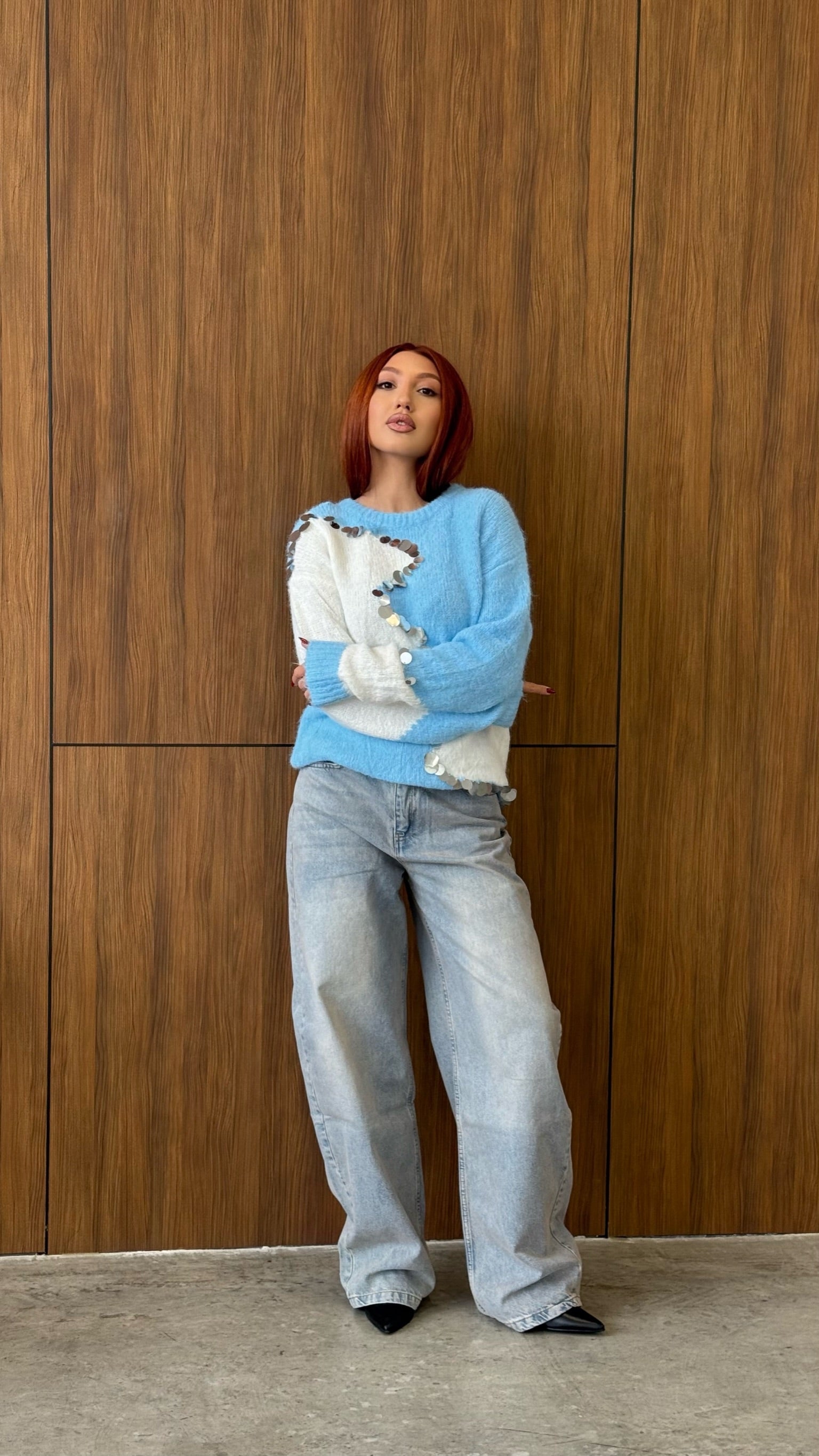 sky blue & White Contrast Knit with Mirror Sequins