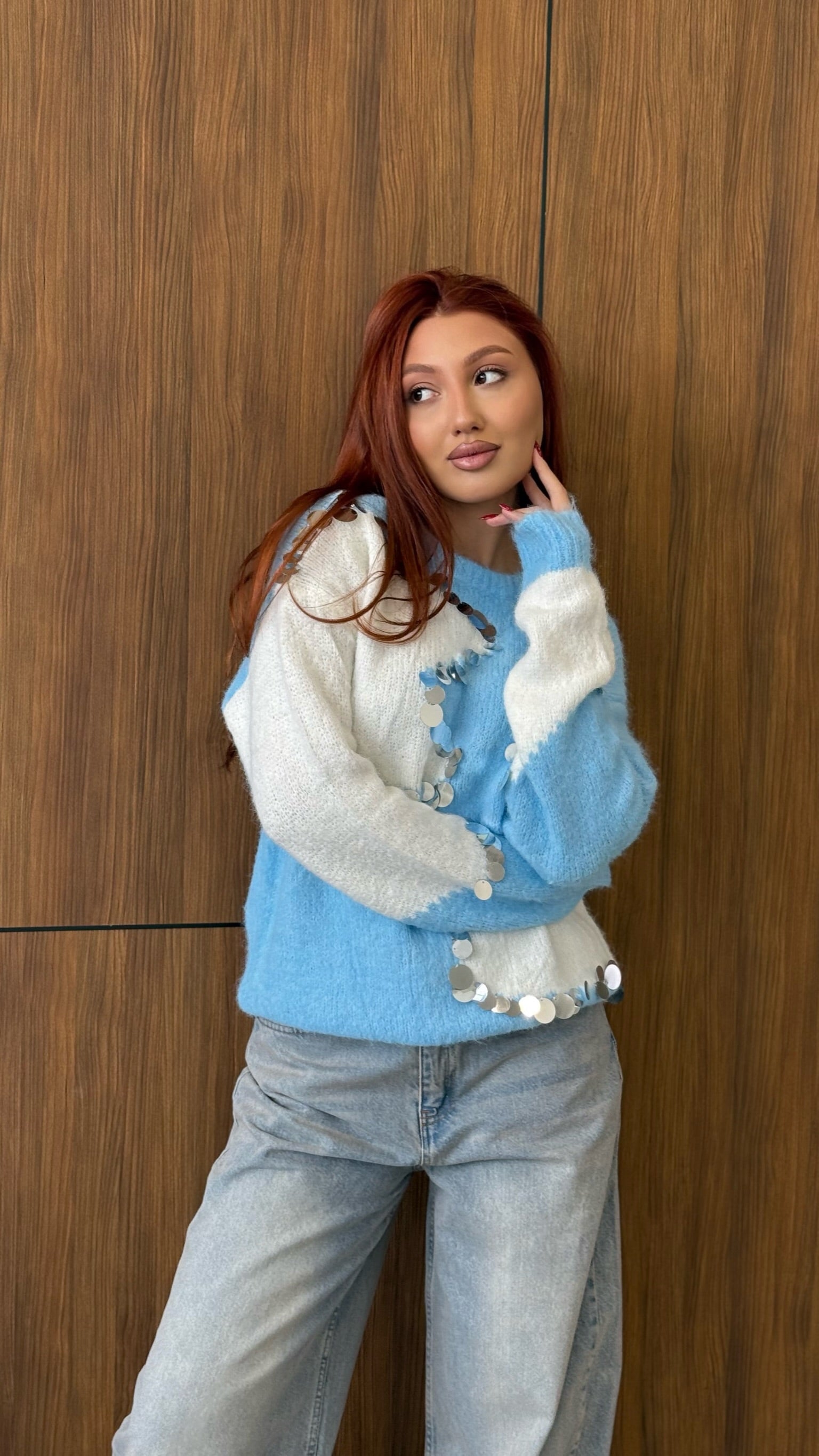 sky blue & White Contrast Knit with Mirror Sequins
