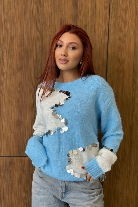 sky blue & White Contrast Knit with Mirror Sequins