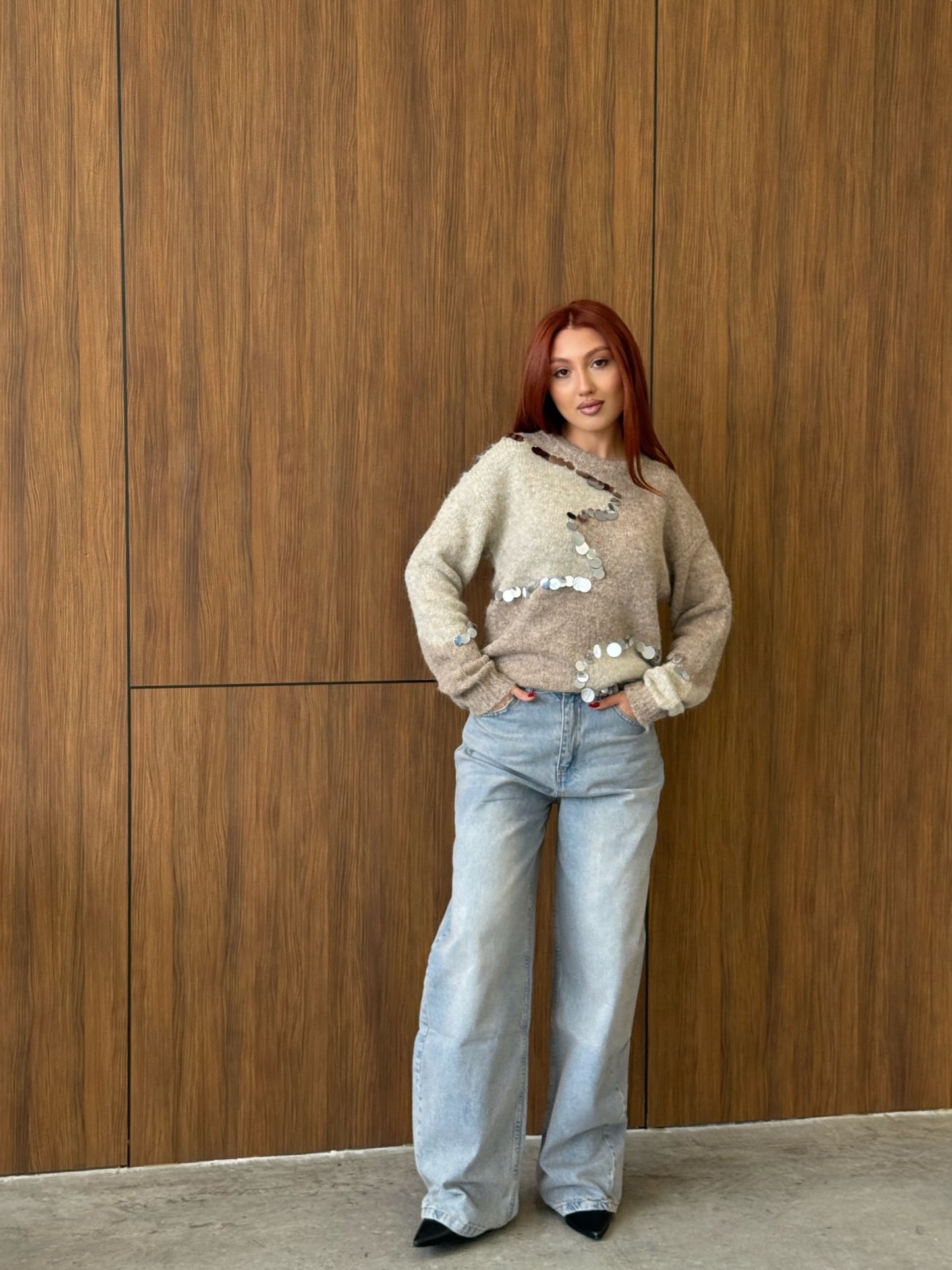 Beige & Cream Contrast Knit with Mirror Sequins