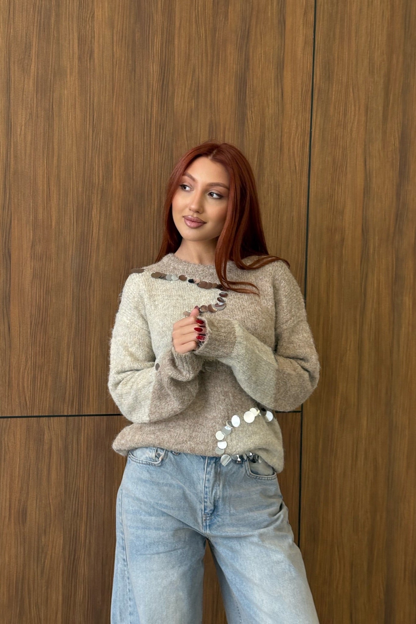 Beige & Cream Contrast Knit with Mirror Sequins