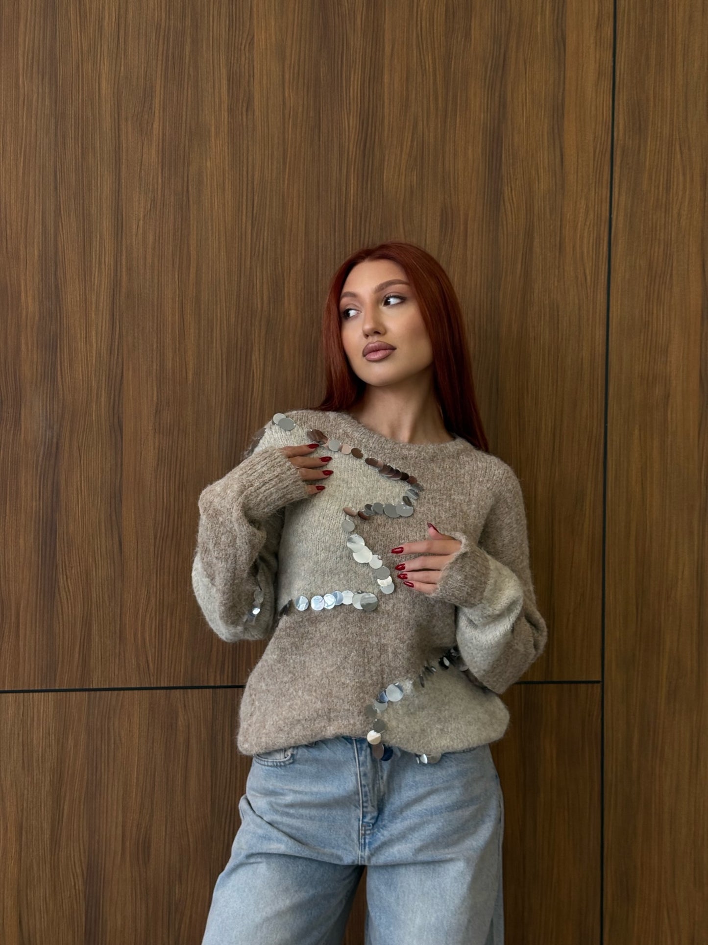 Beige & Cream Contrast Knit with Mirror Sequins