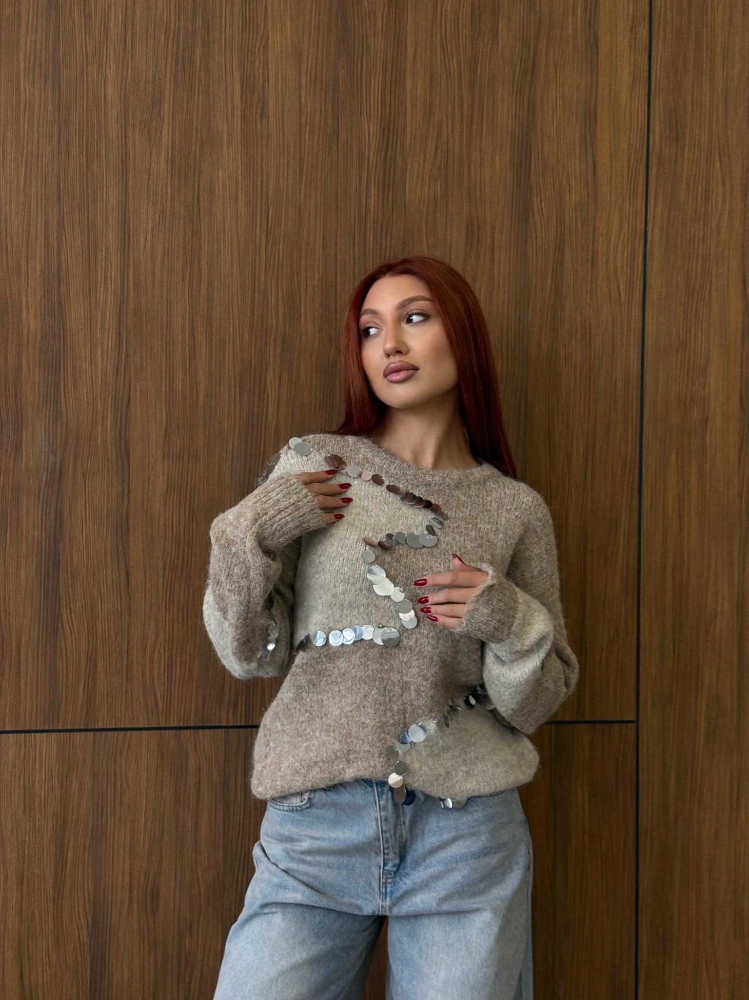Beige & Cream Contrast Knit with Mirror Sequins