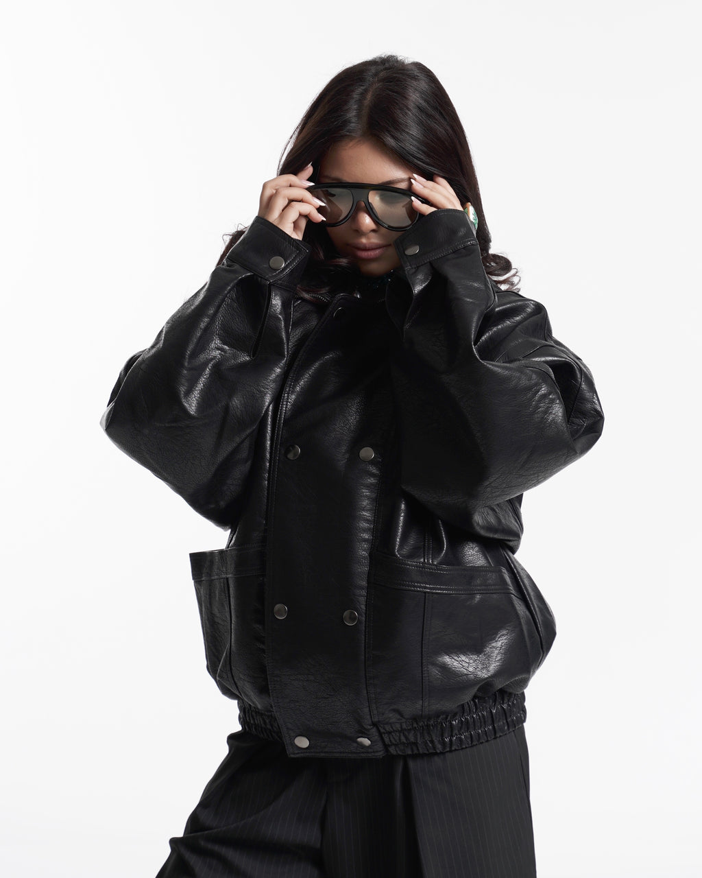 Oversized Faux Leather Bomber Jacket