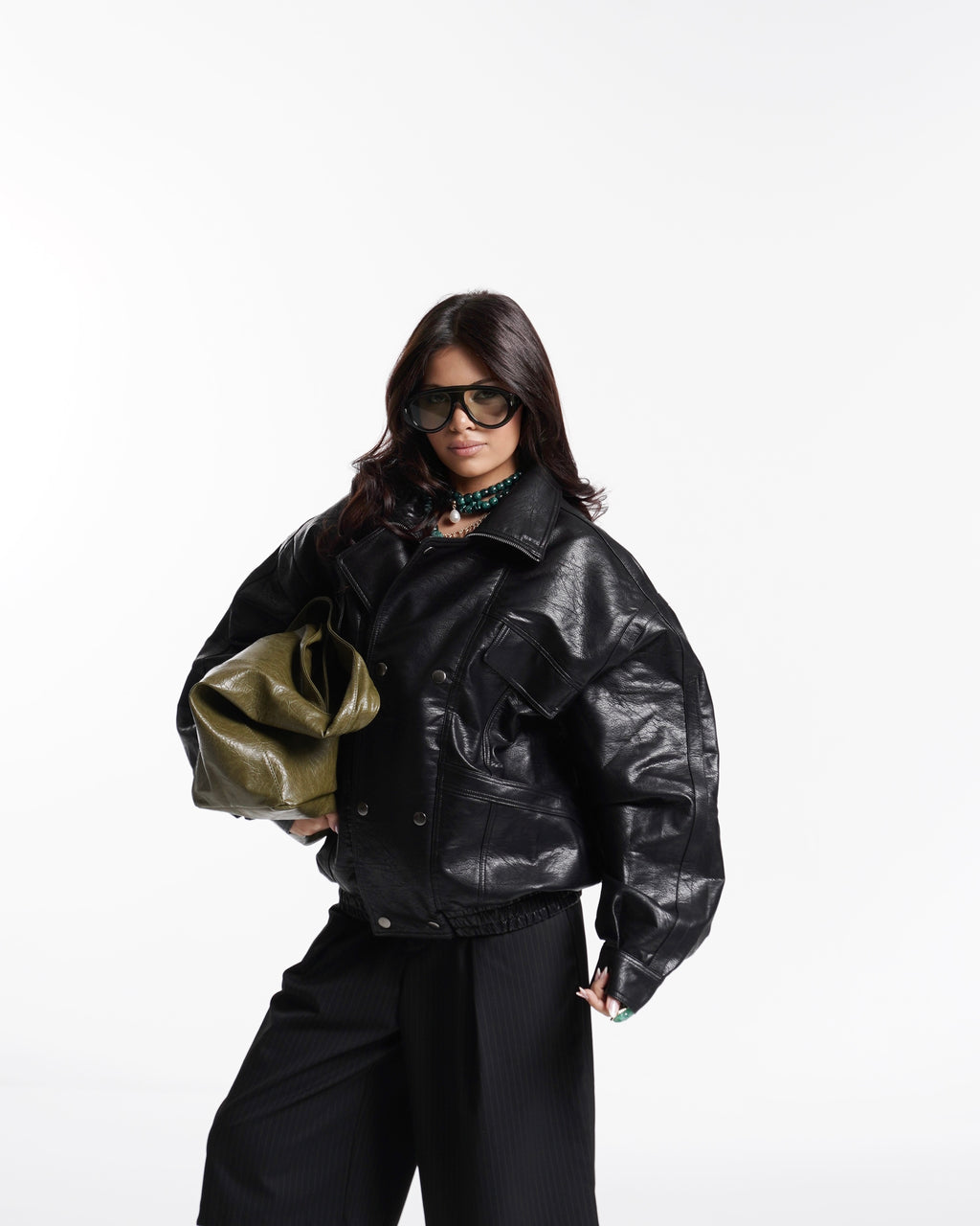 Oversized Faux Leather Bomber Jacket