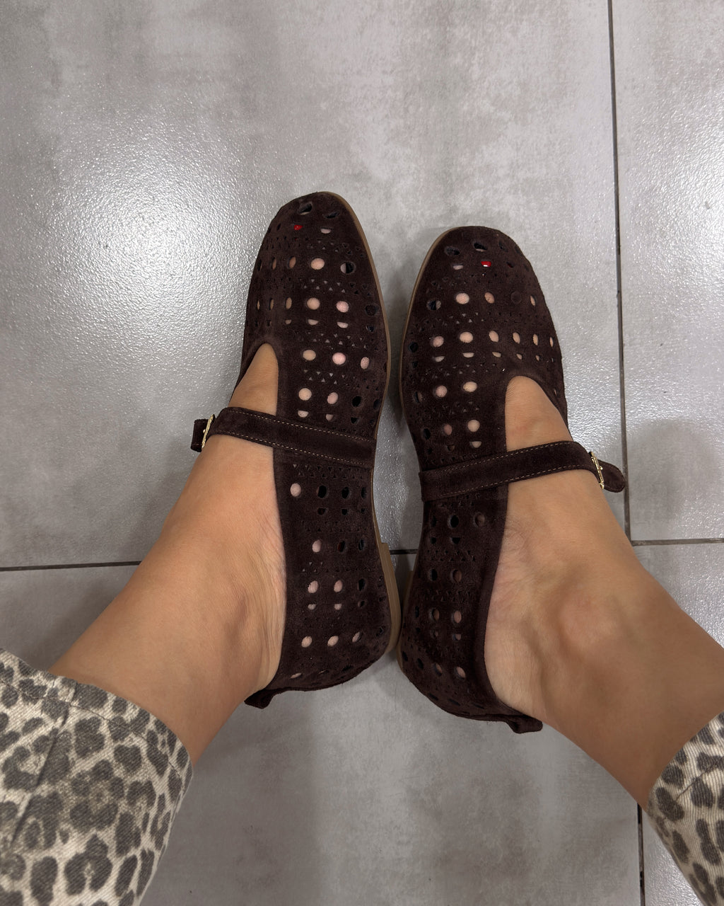 Perforated Suede Mary Jane Flats