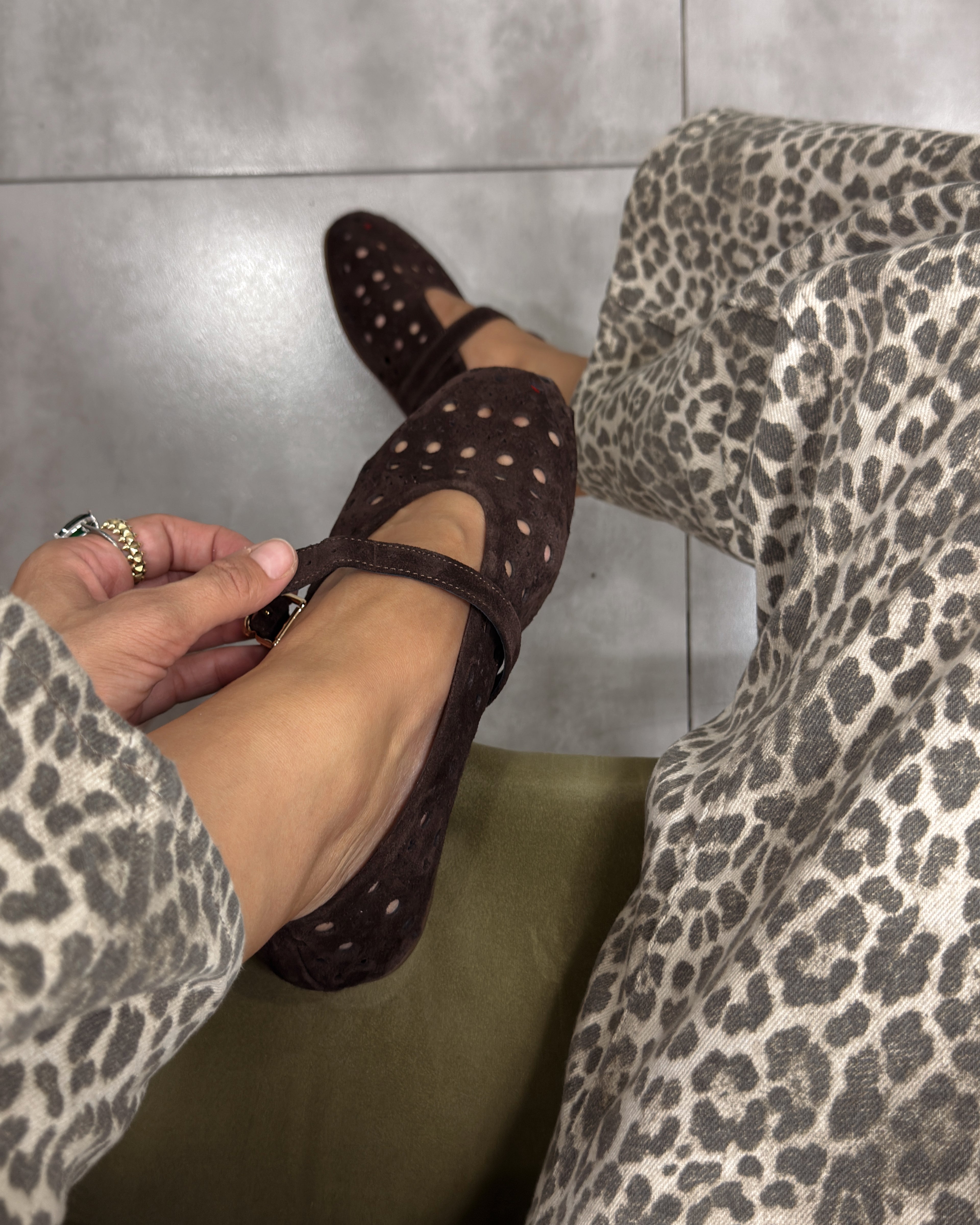 Perforated Suede Mary Jane Flats