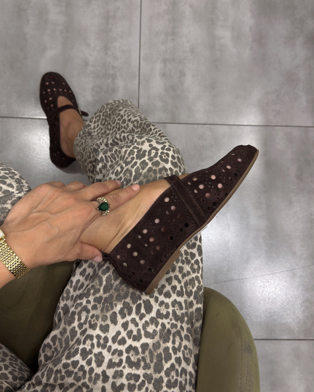 Perforated Suede Mary Jane Flats