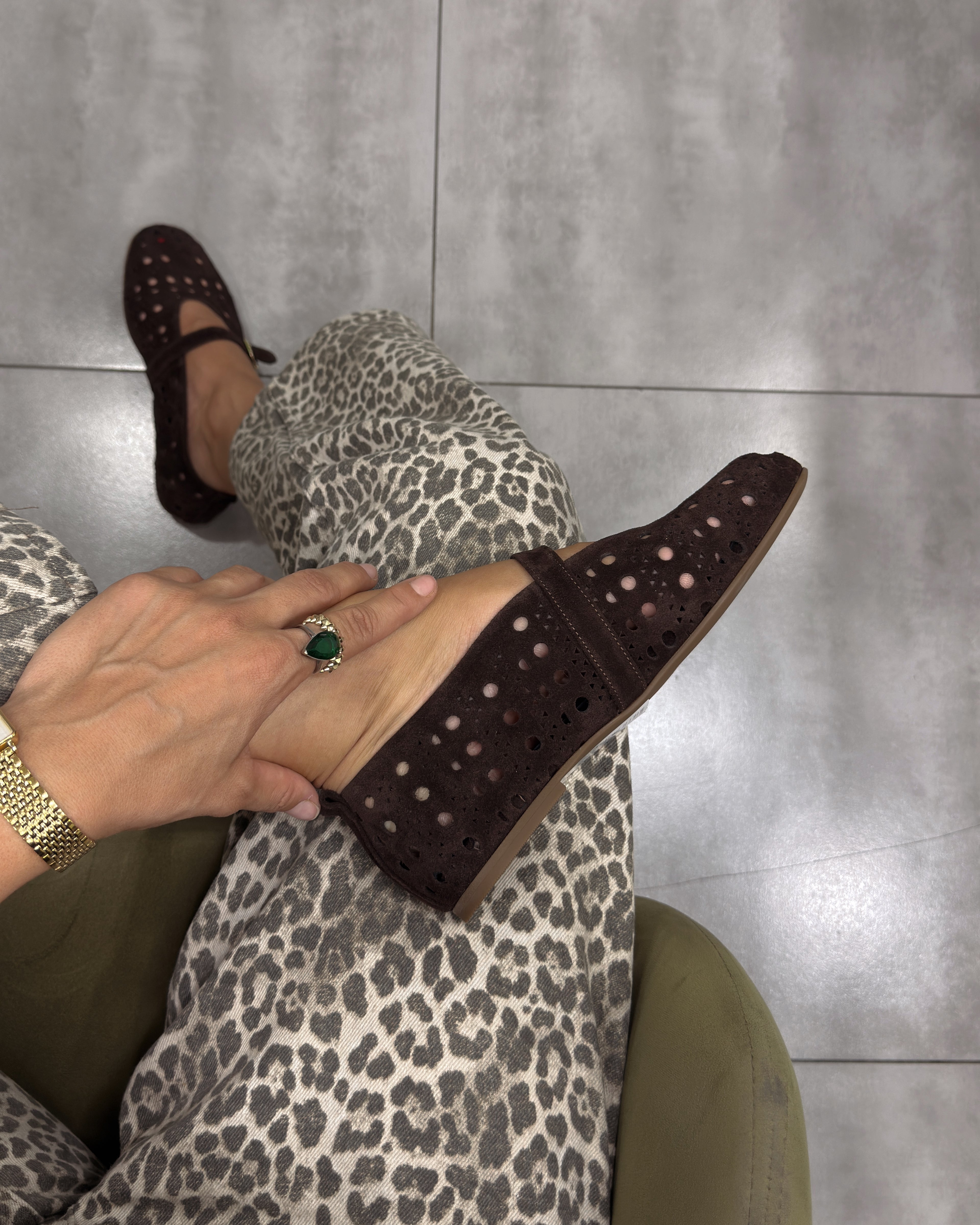 Perforated Suede Mary Jane Flats
