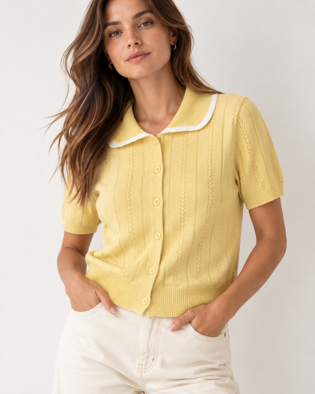 Sofia Pointelle Knit Polo Top