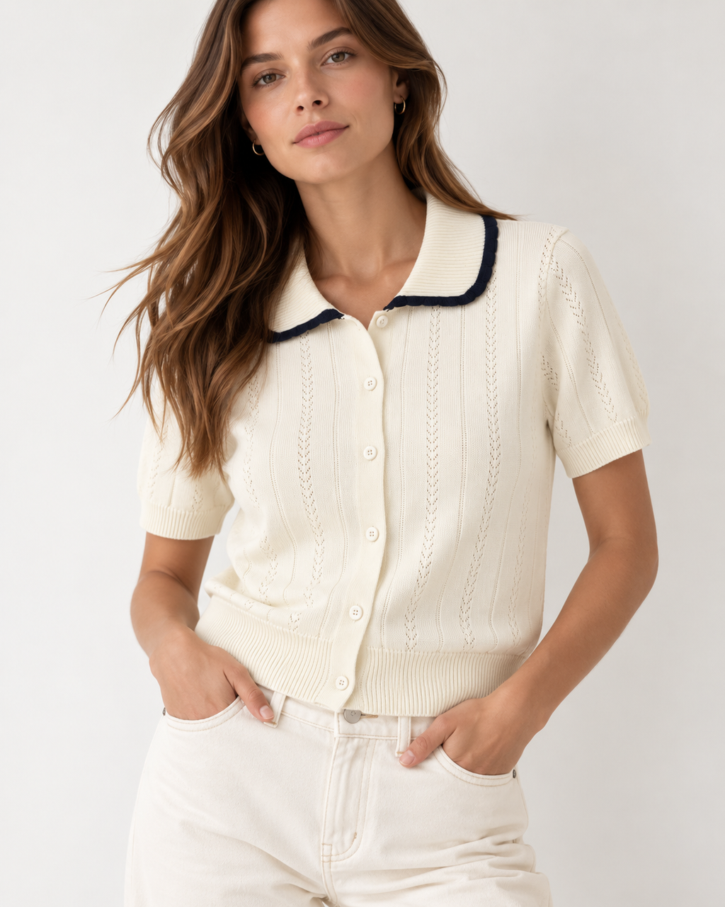 Sofia Pointelle Knit Polo Top
