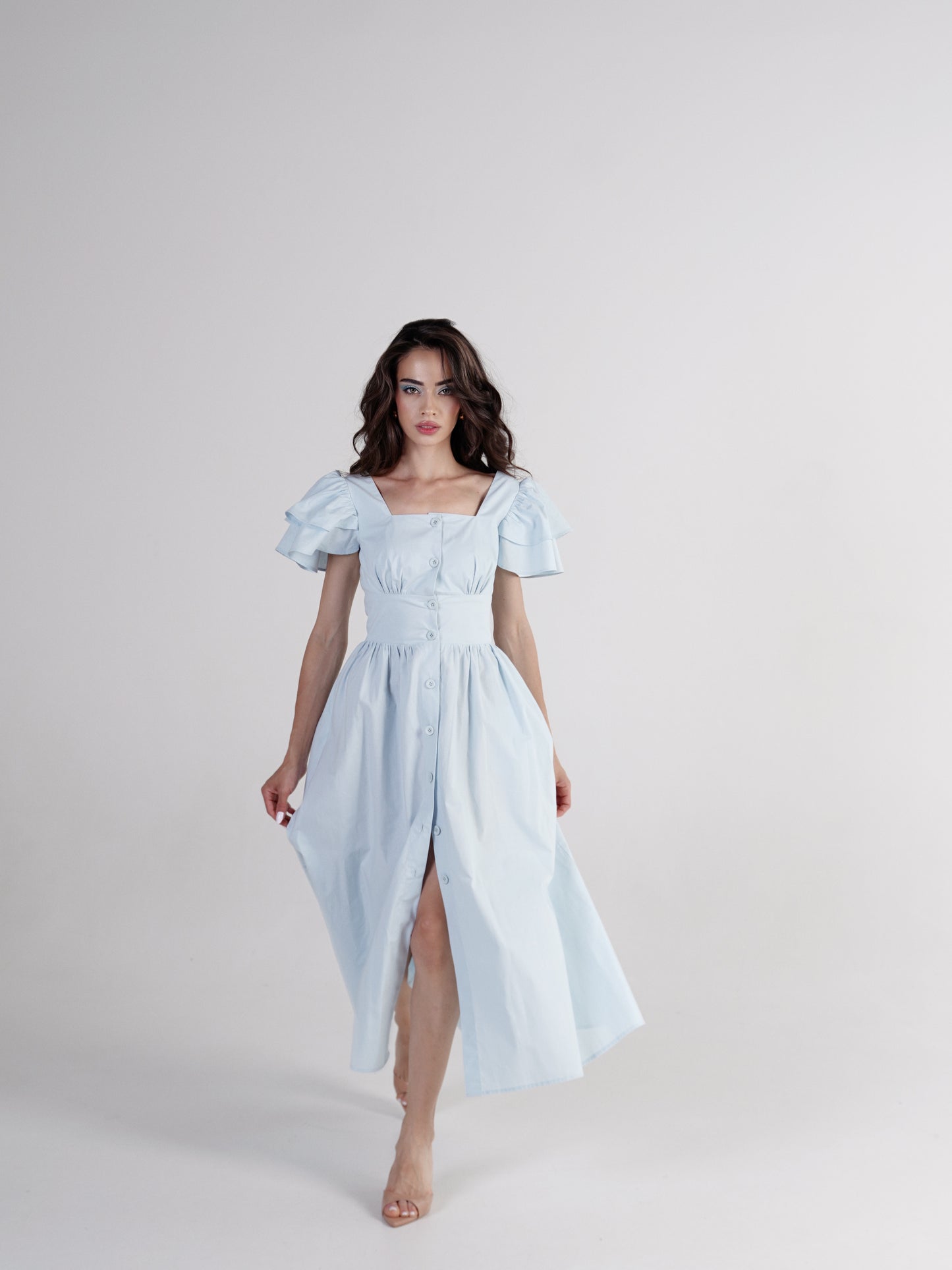 Belle Square-Neck Button Midi Dress