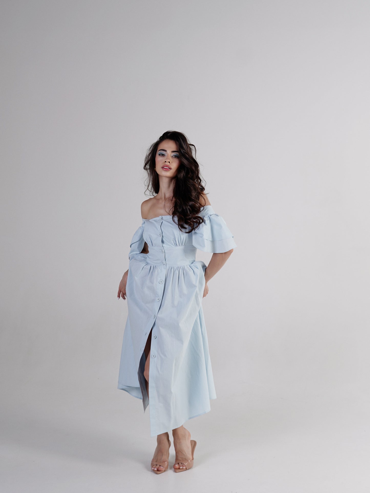 Belle Square-Neck Button Midi Dress