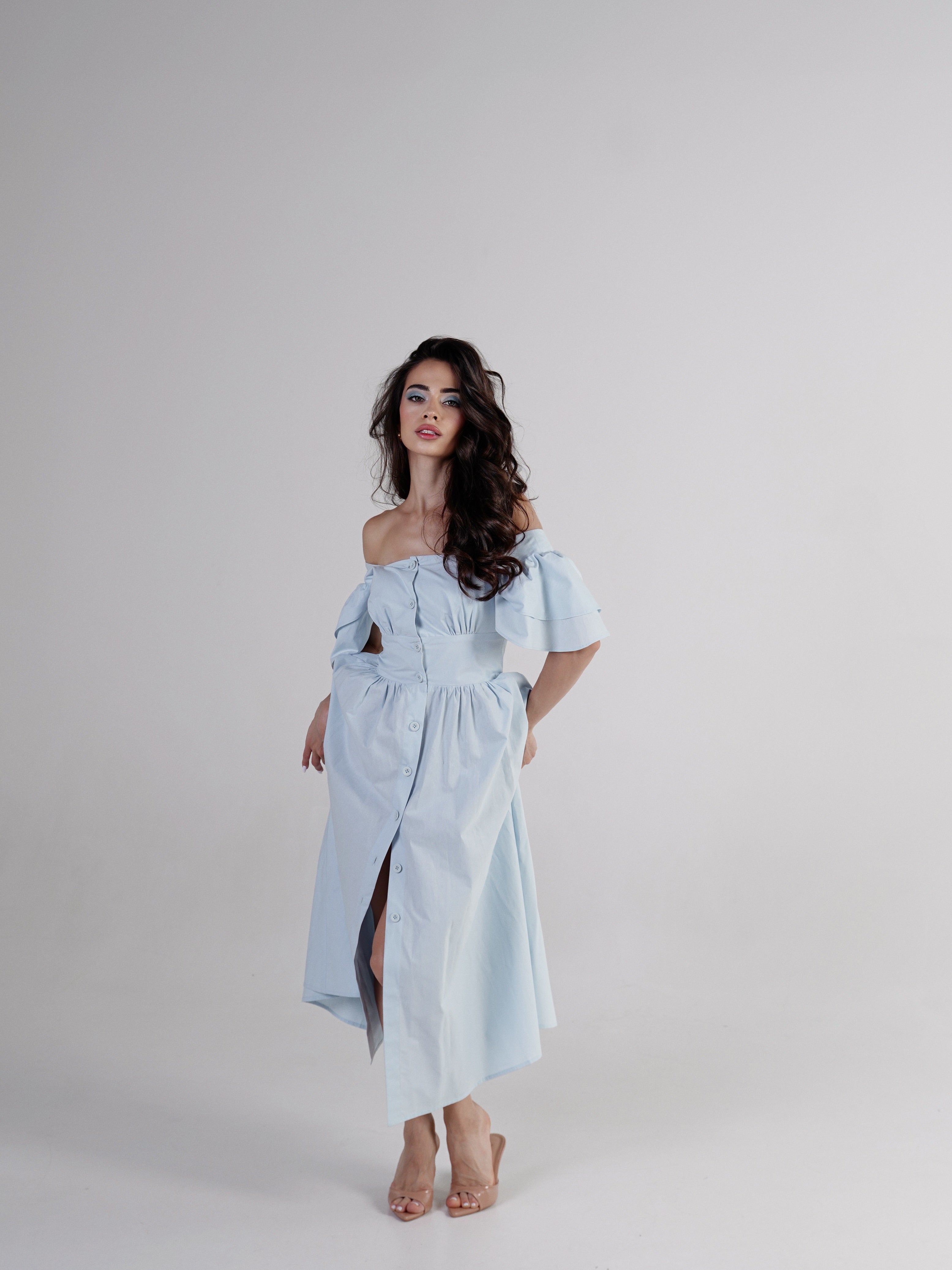 Belle Square-Neck Button Midi Dress