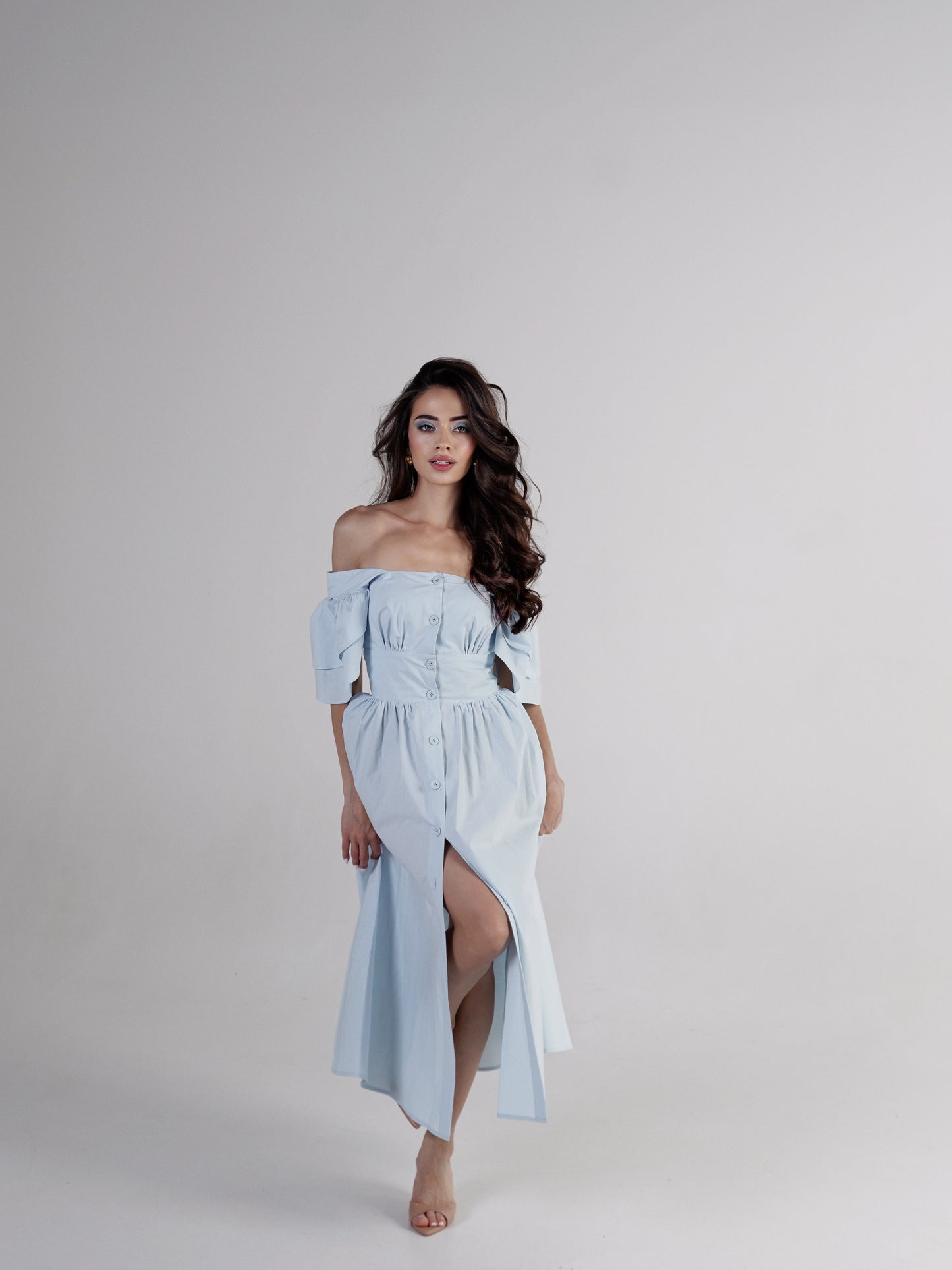 Belle Square-Neck Button Midi Dress