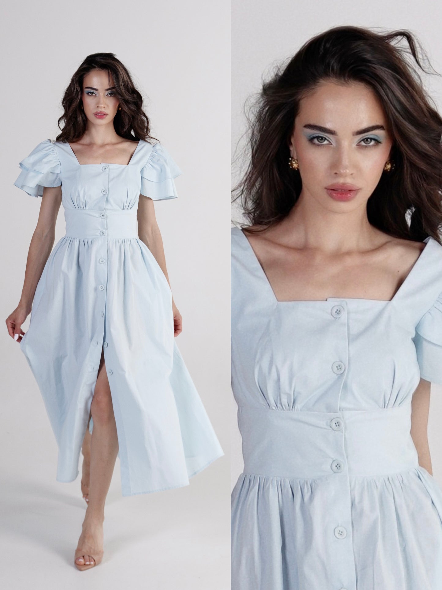 Belle Square-Neck Button Midi Dress