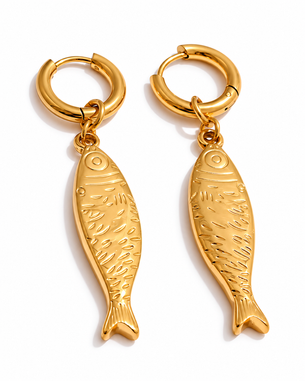 Golden Sardine Drop Hoop Earrings