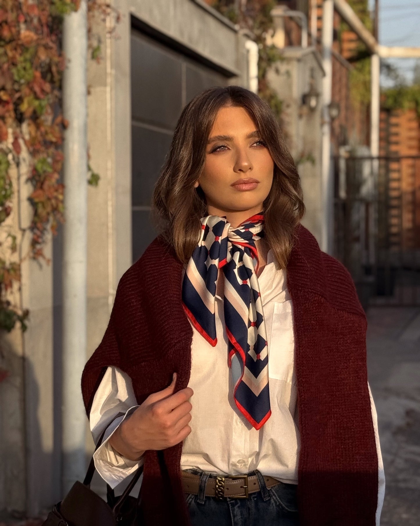 Navy Geometric Silk-Feel Scarf