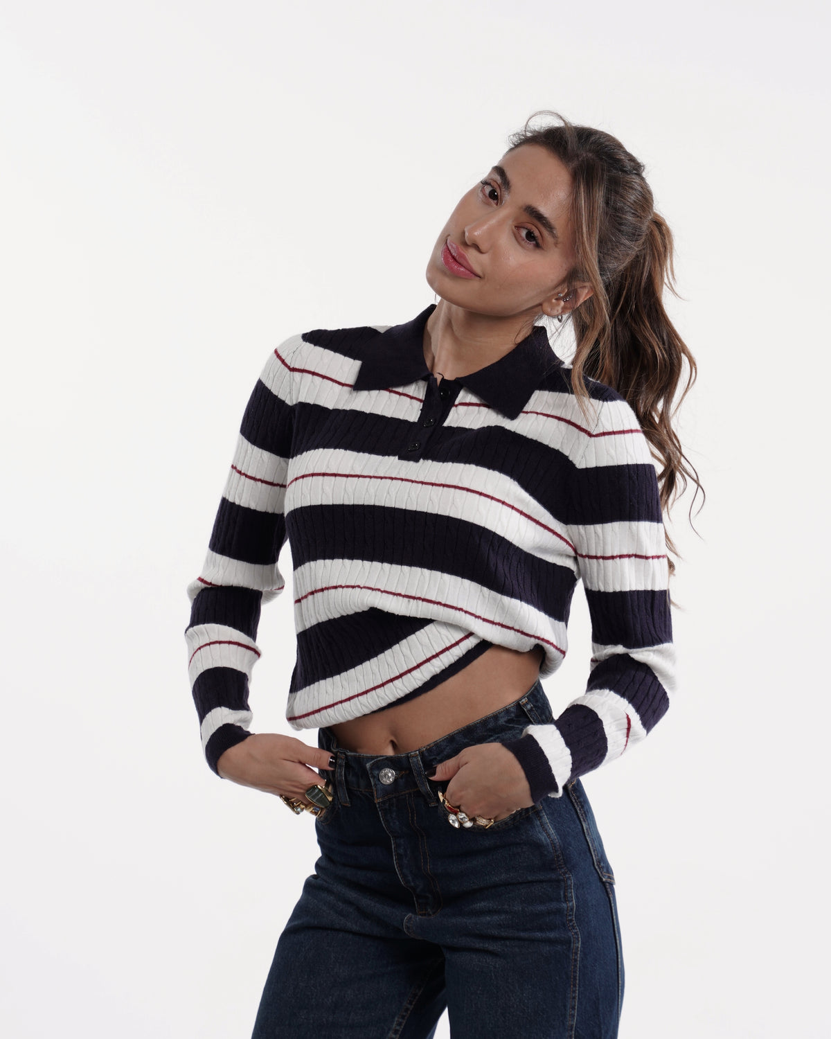 Stripe Cable Knit Polo