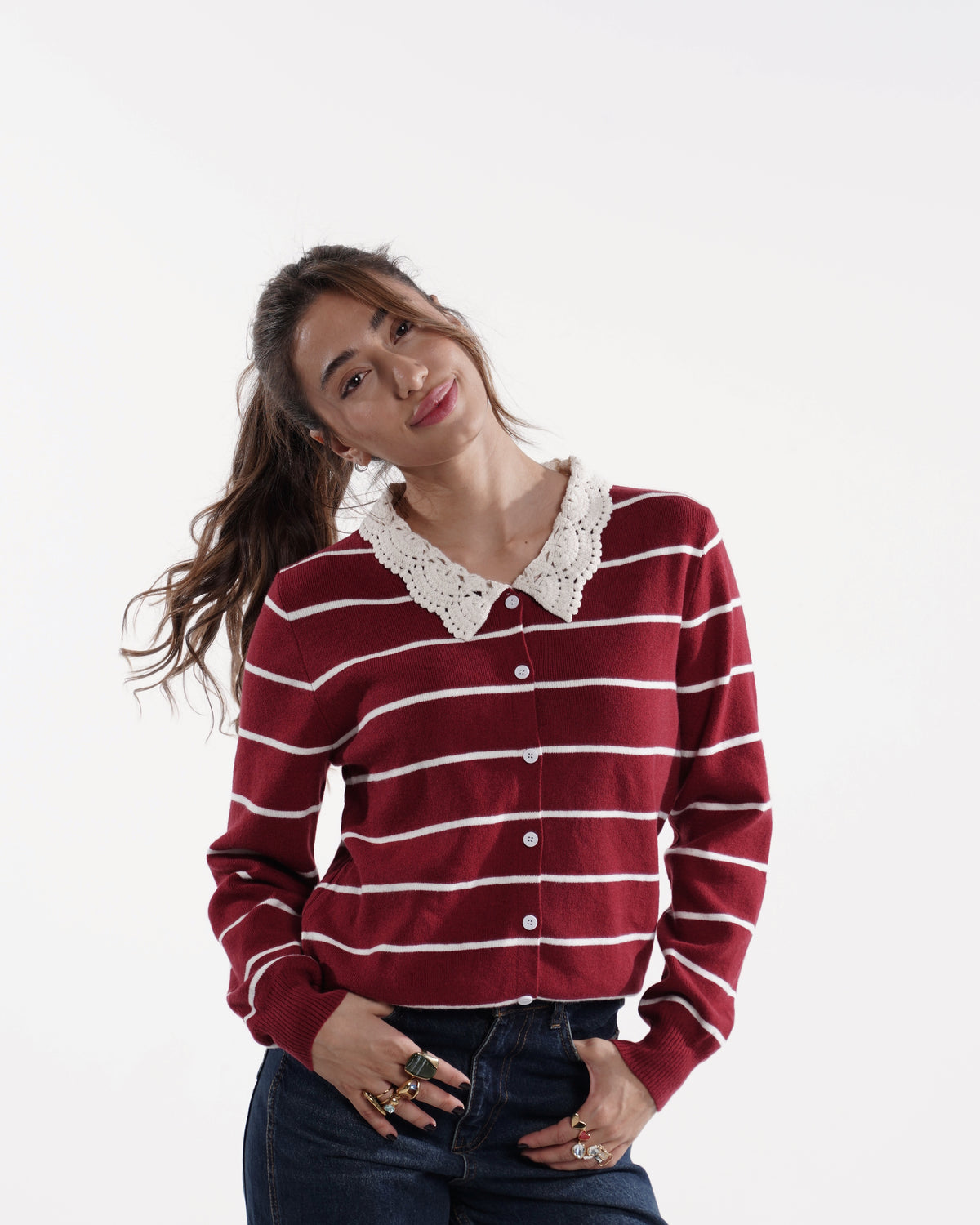 Burgundy Striped Crochet Collar Cardigan