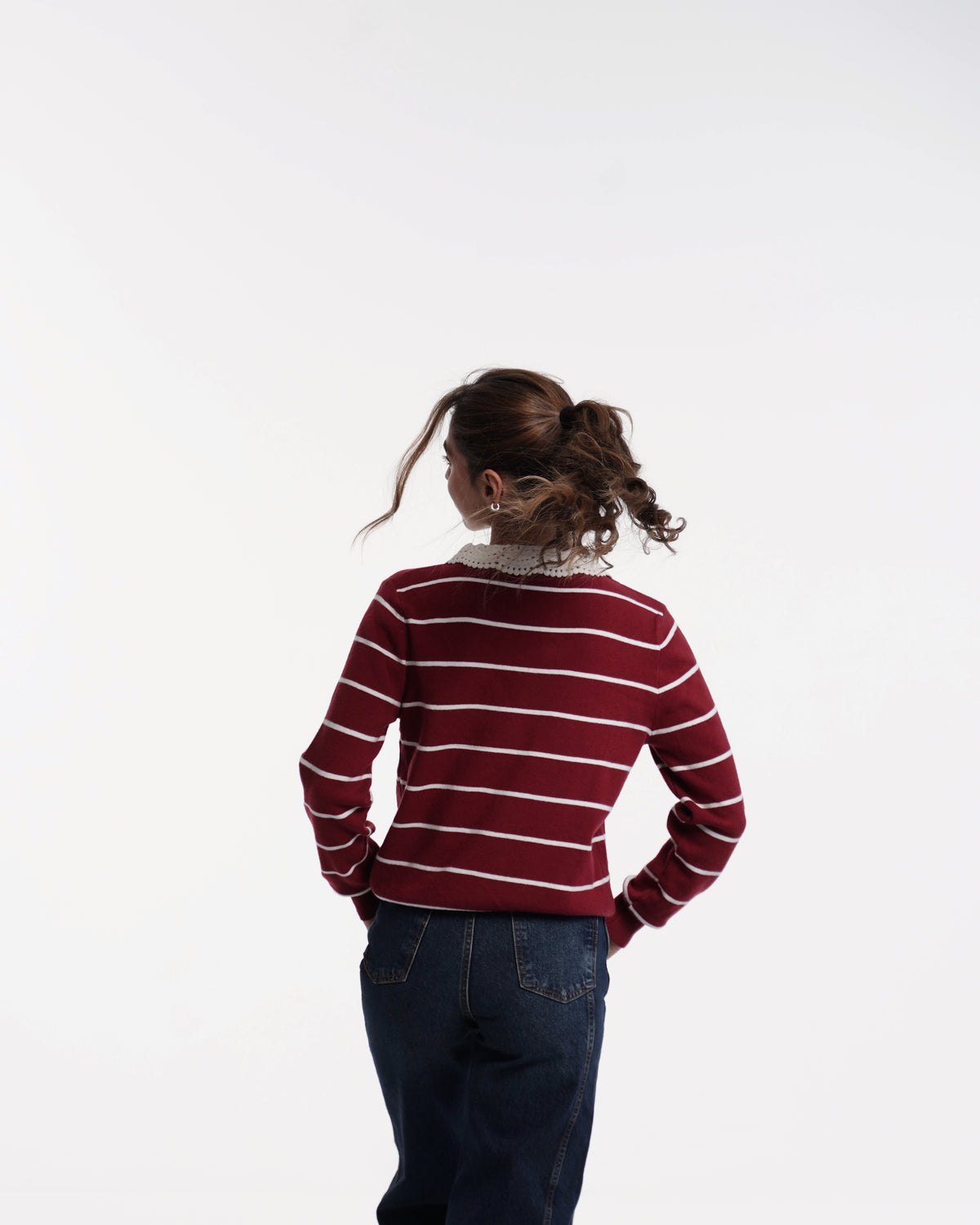 Burgundy Striped Crochet Collar Cardigan
