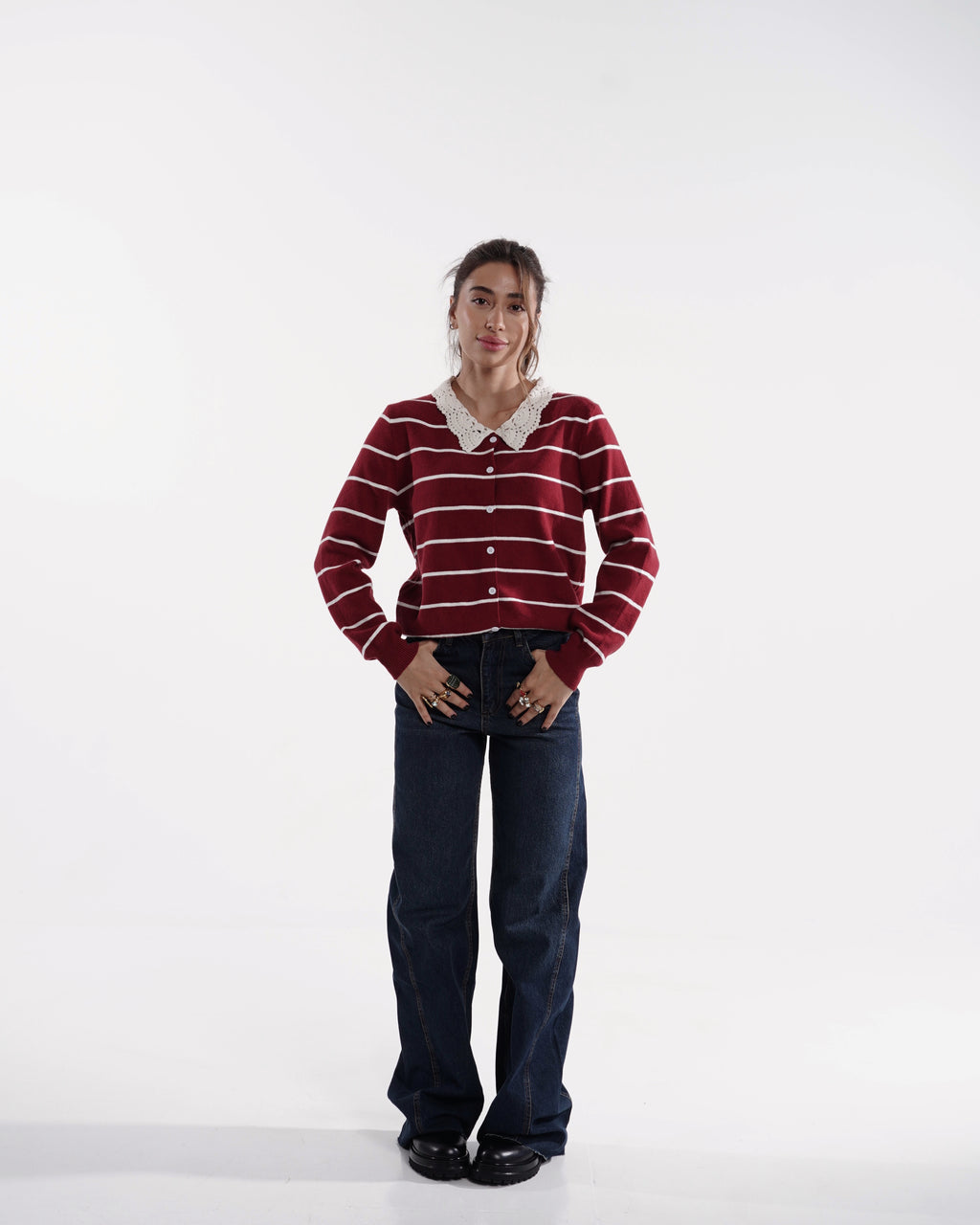 Burgundy Striped Crochet Collar Cardigan