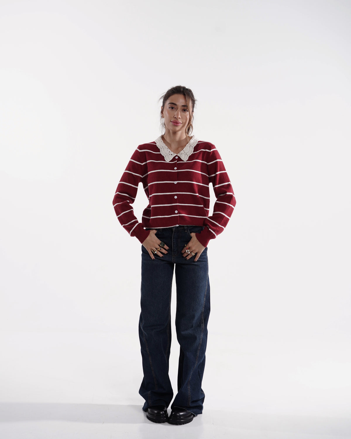 Burgundy Striped Crochet Collar Cardigan