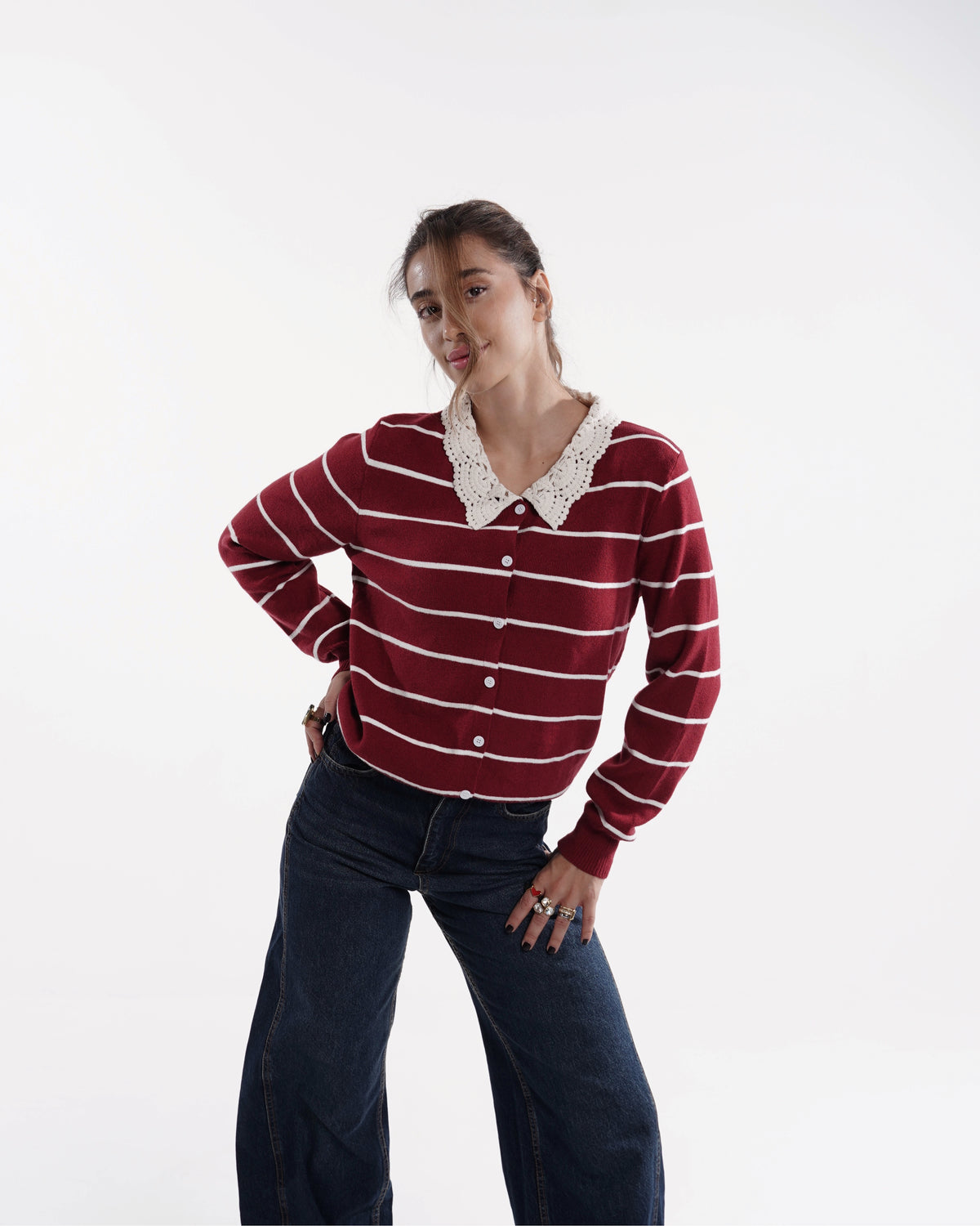 Burgundy Striped Crochet Collar Cardigan