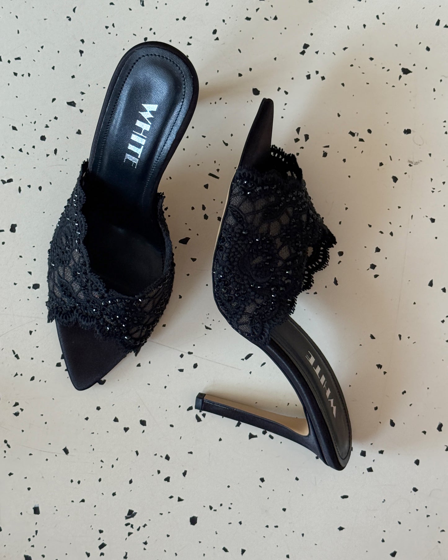 Noir Lace Crystal Mule Heels