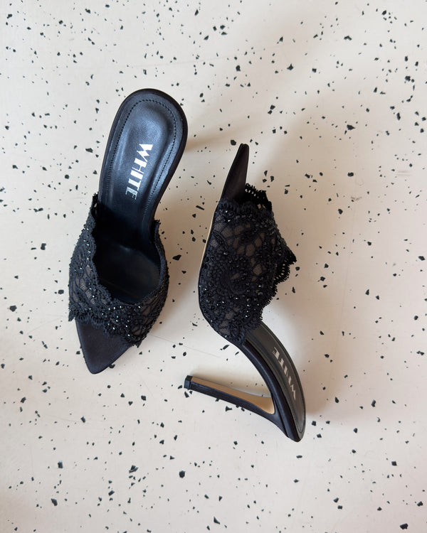 Noir Lace Crystal Mule Heels