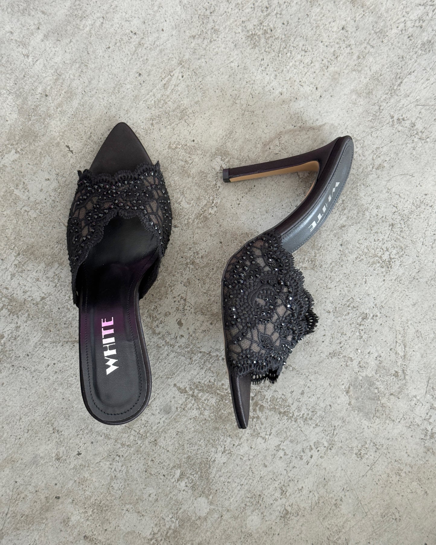 Noir Lace Crystal Mule Heels