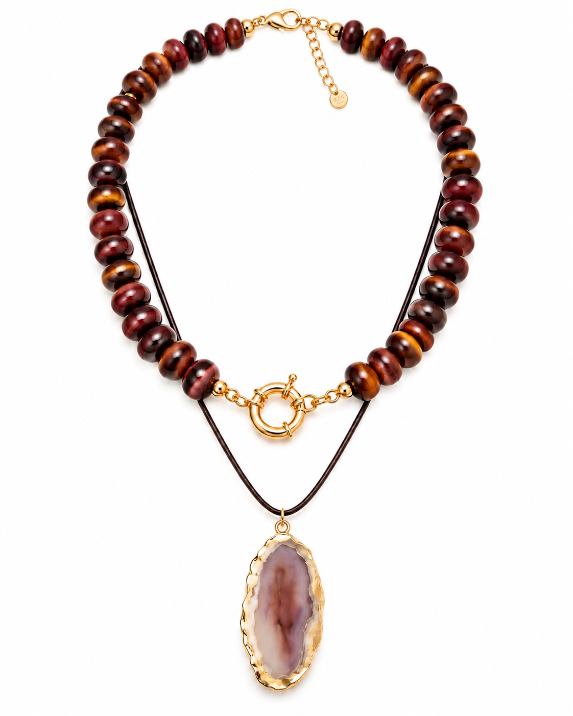 Layered Beaded Oval Pendant Necklace