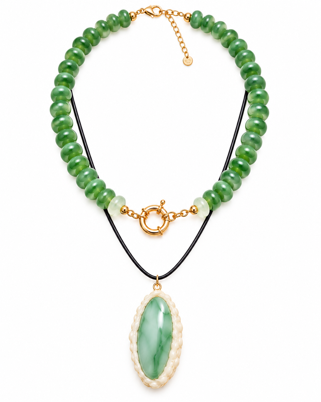Layered Beaded Oval Pendant Necklace