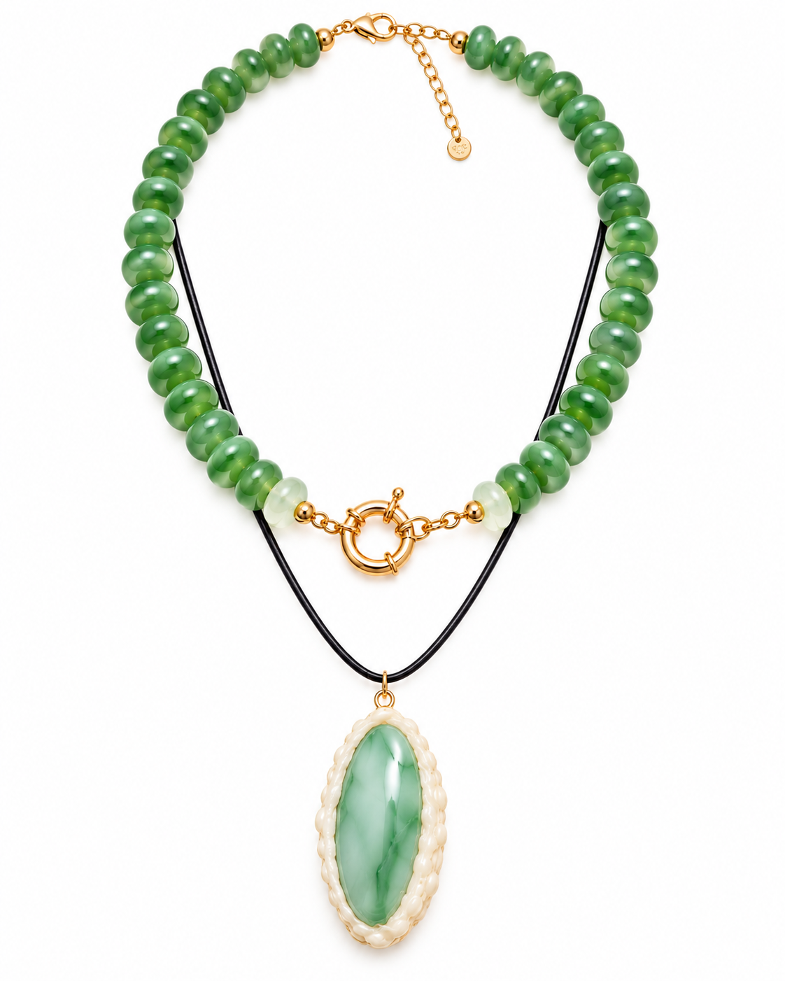 Layered Beaded Oval Pendant Necklace