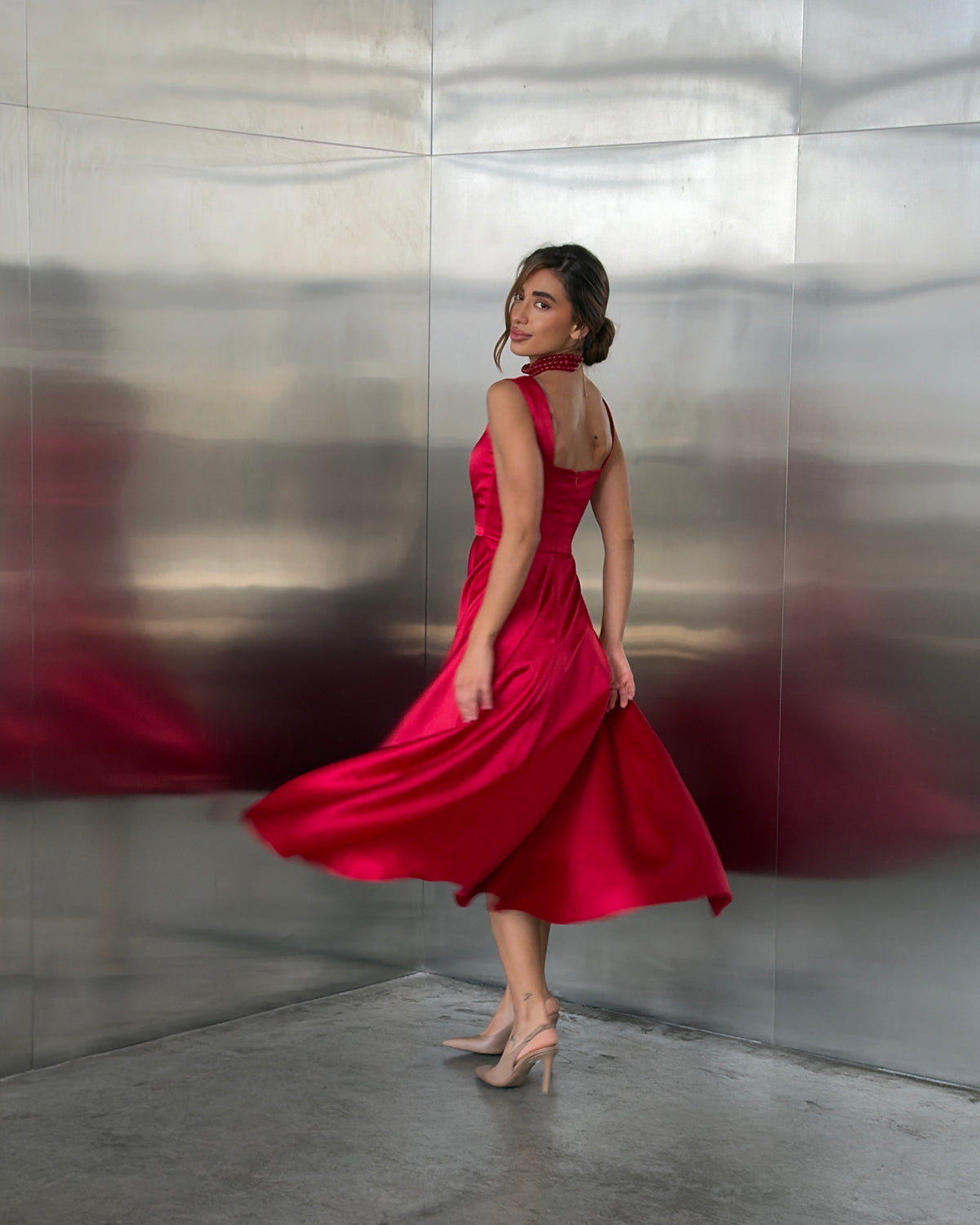Red Satin Square Neck Midi Dress
