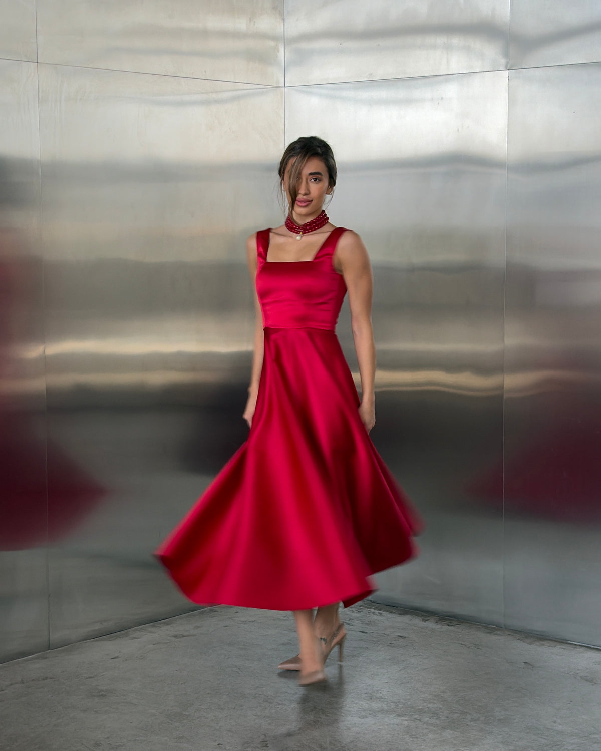 Red Satin Square Neck Midi Dress