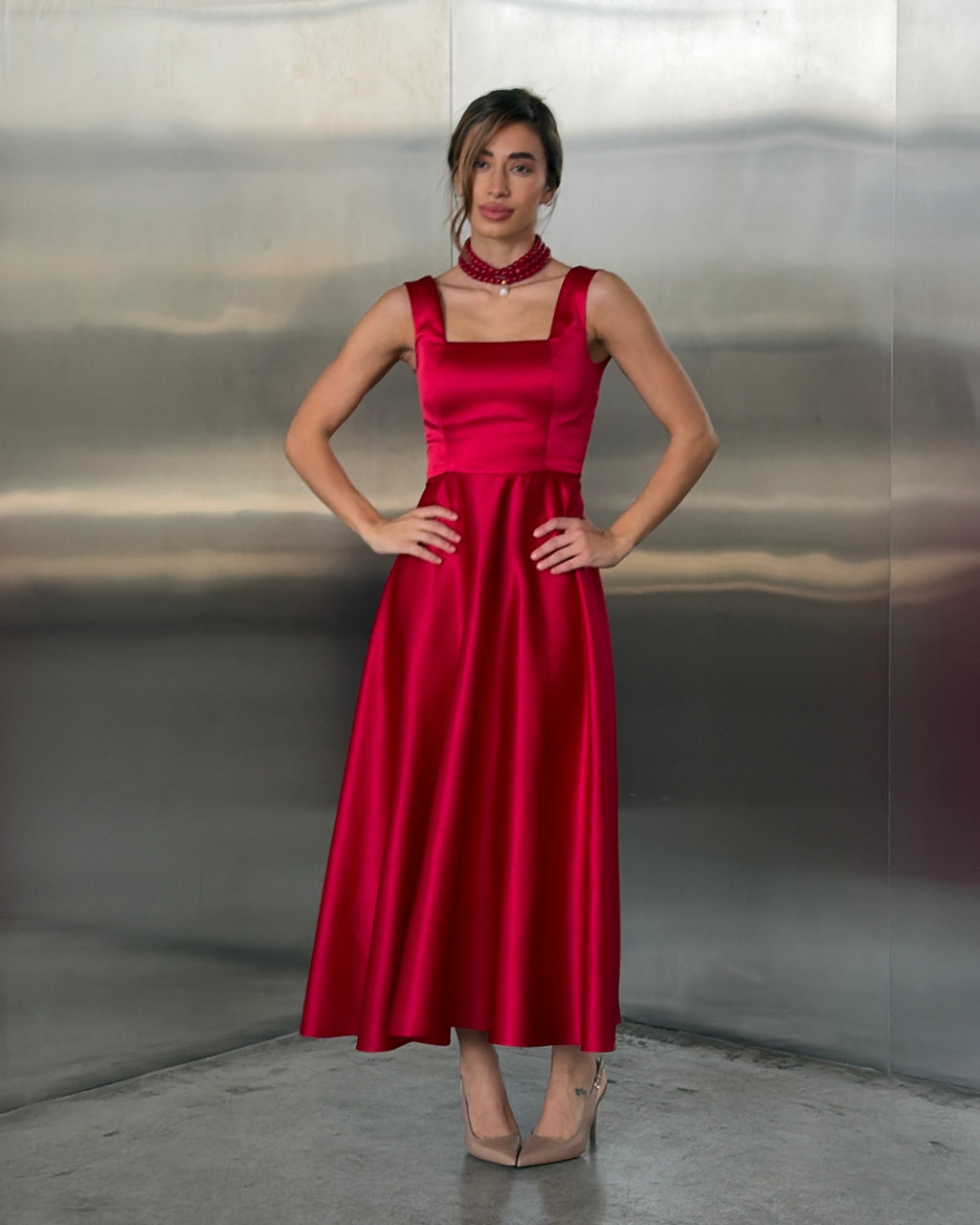 Red Satin Square Neck Midi Dress