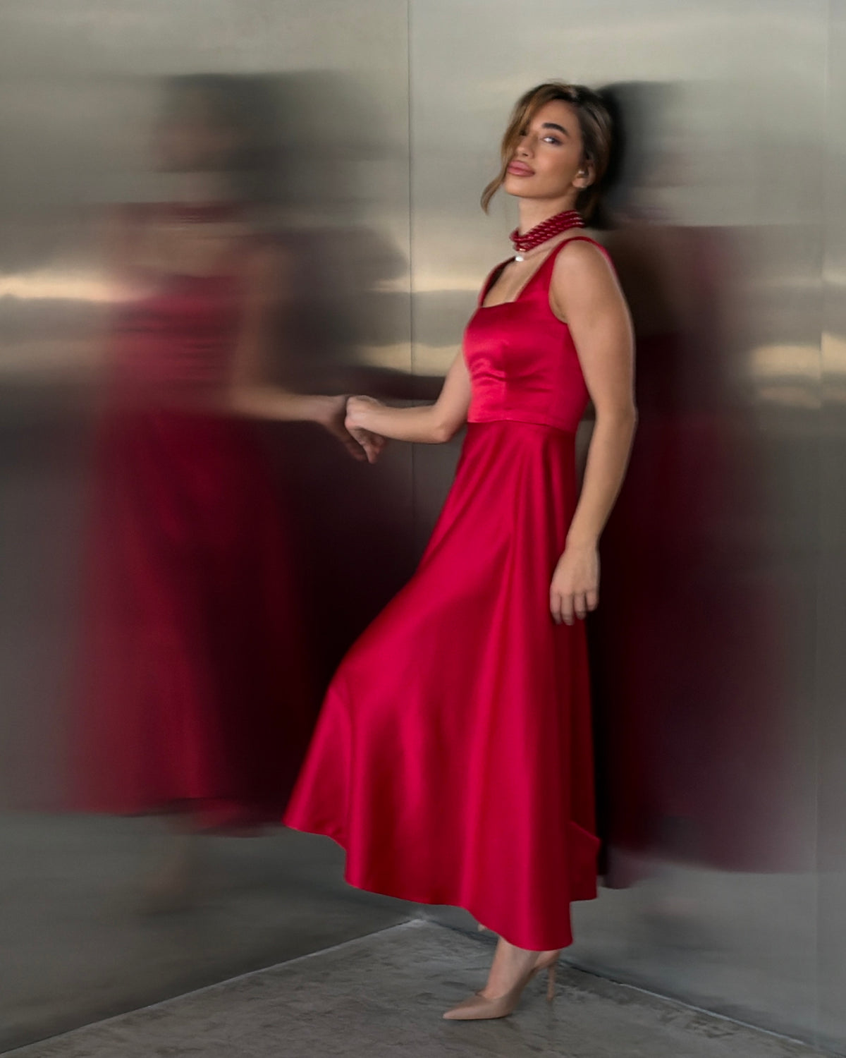 Red Satin Square Neck Midi Dress