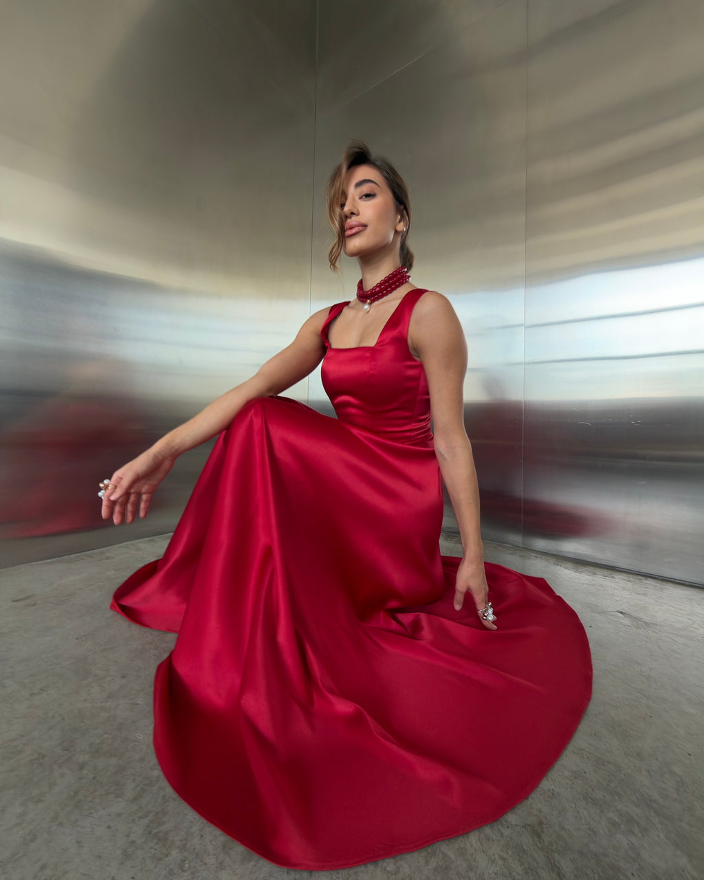 Red Satin Square Neck Midi Dress