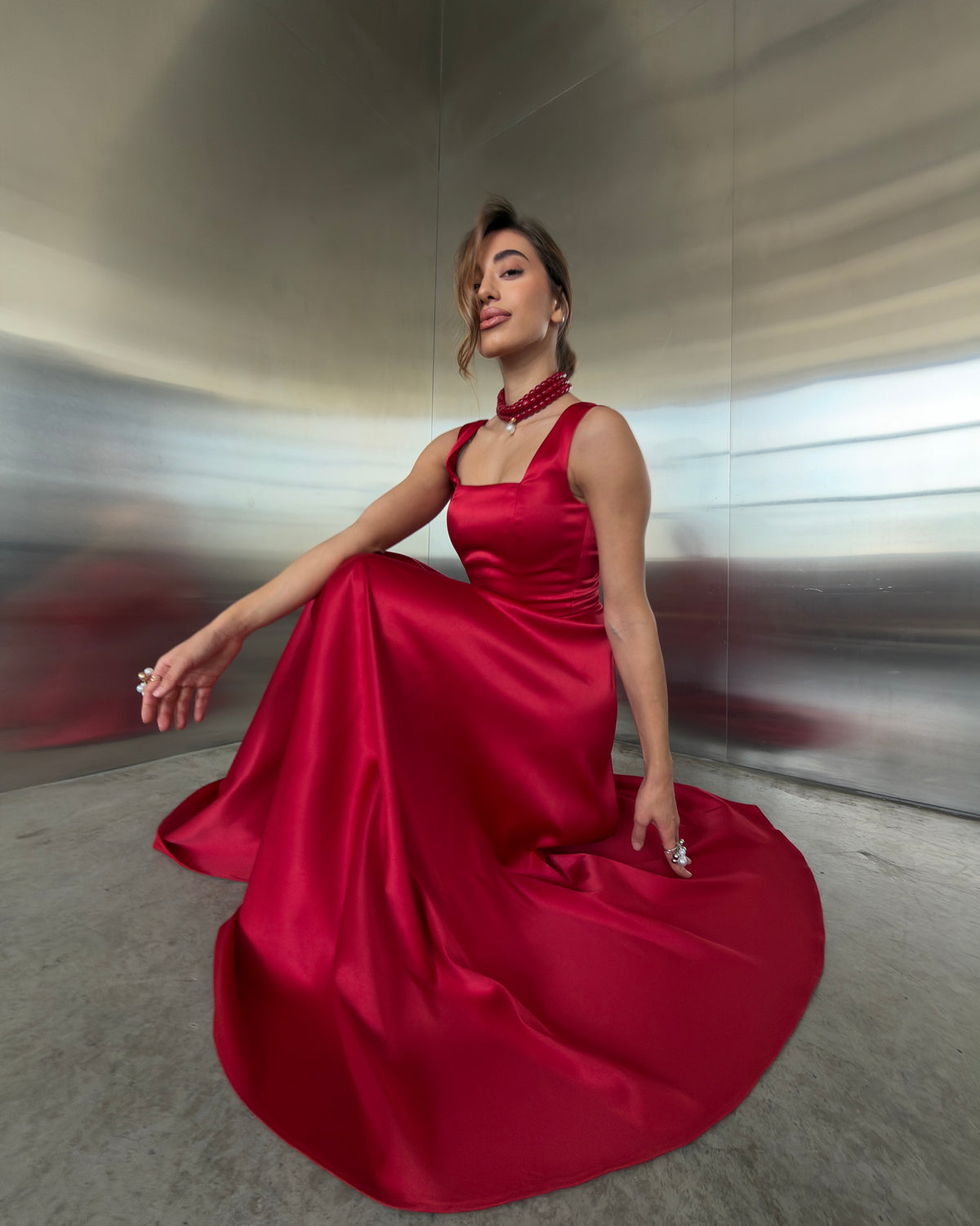 Red Satin Square Neck Midi Dress