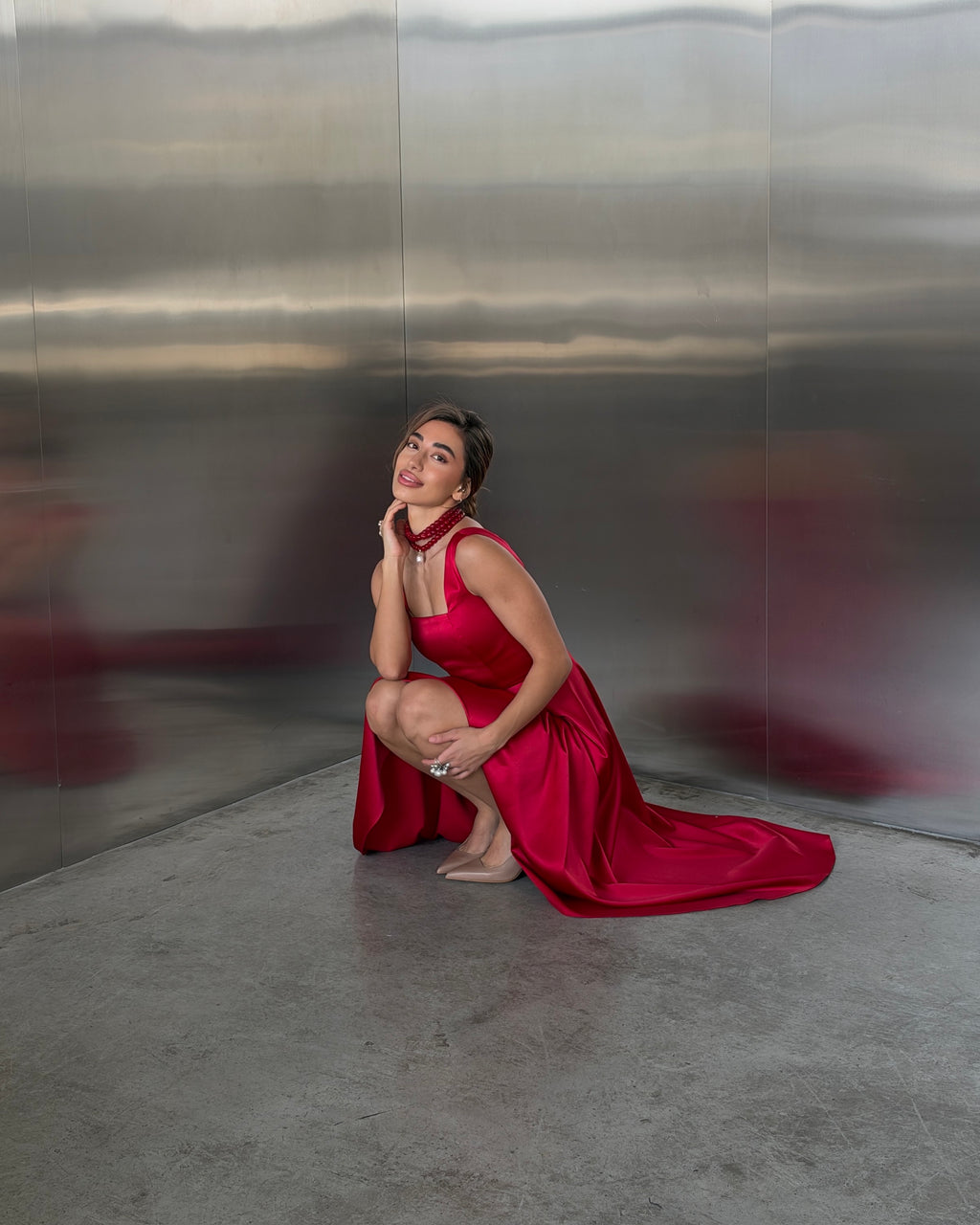 Red Satin Square Neck Midi Dress