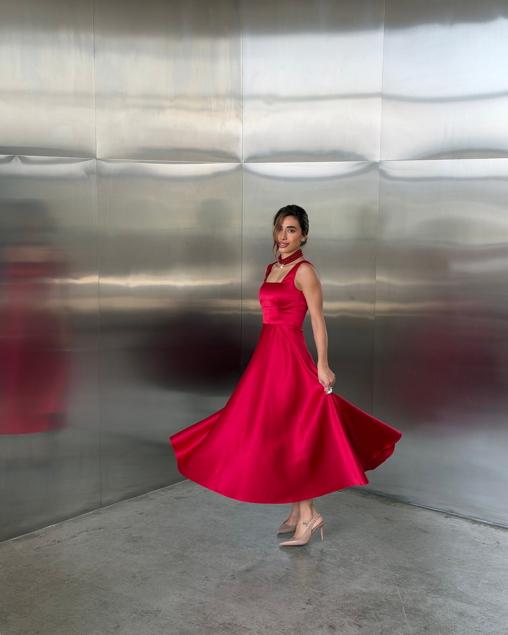 Red Satin Square Neck Midi Dress