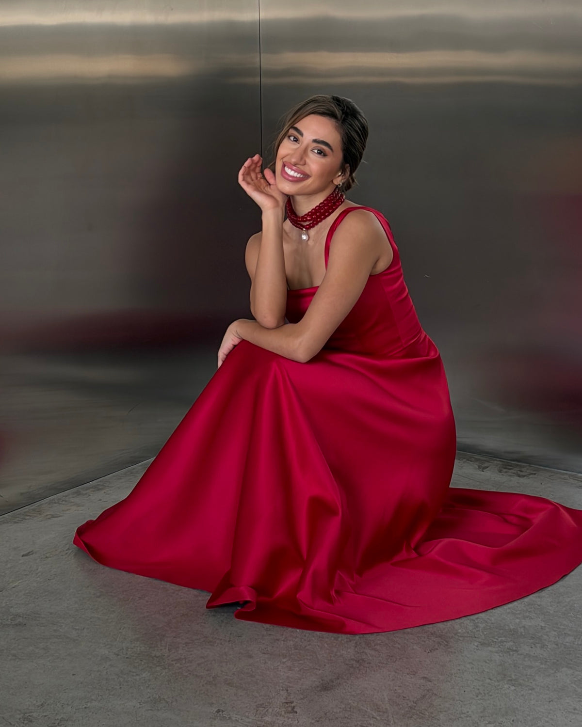 Red Satin Square Neck Midi Dress