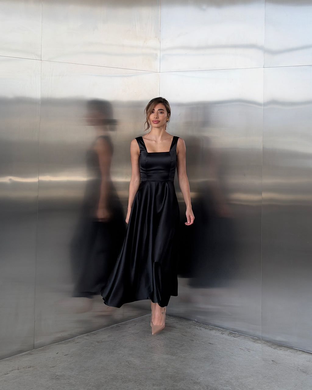 Elle Black Satin Square Neck Midi Dress