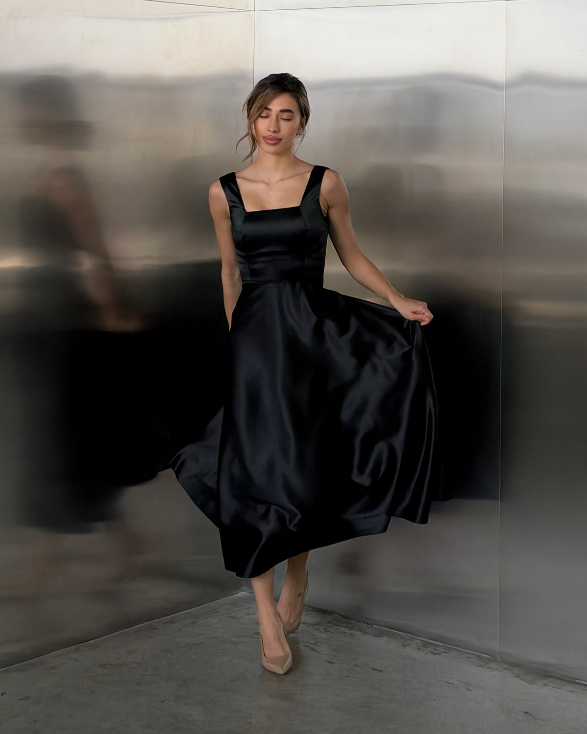 Elle Black Satin Square Neck Midi Dress