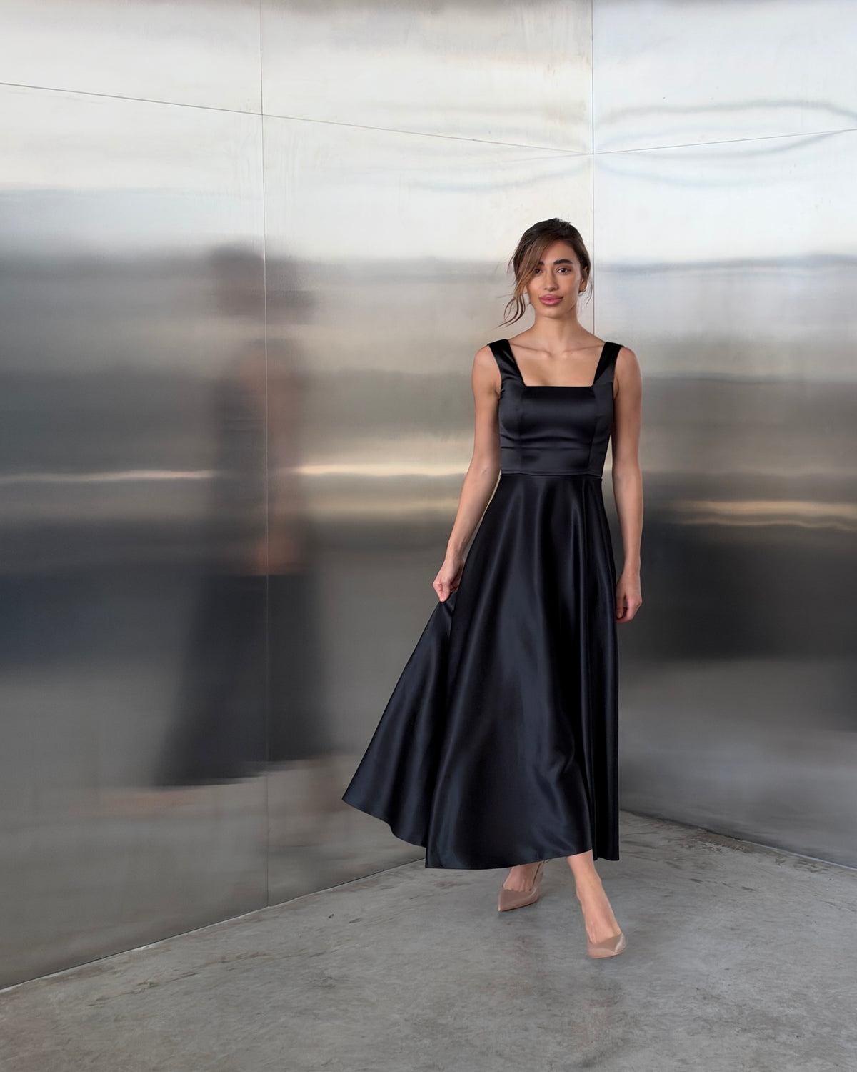 Elle Black Satin Square Neck Midi Dress
