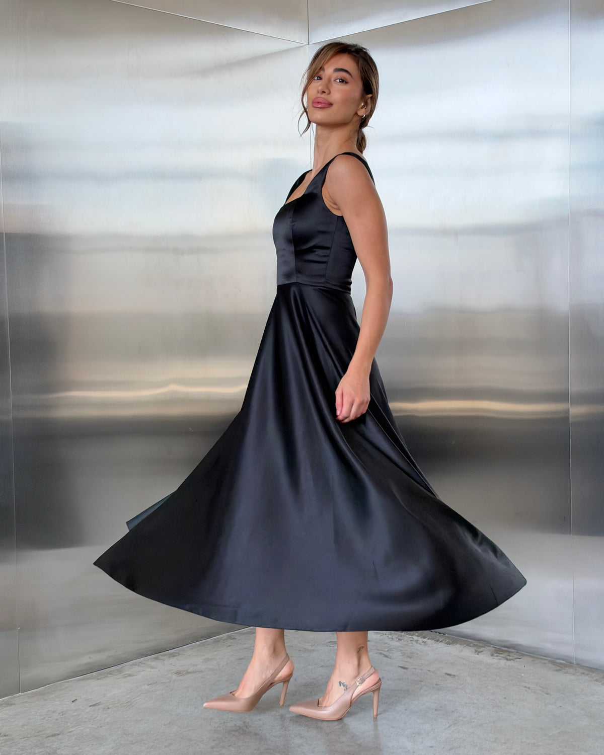 Elle Black Satin Square Neck Midi Dress