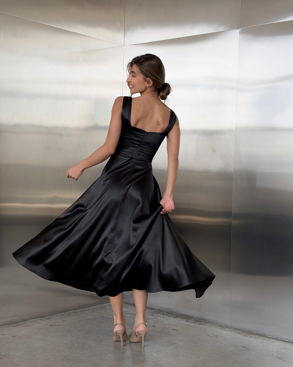 Elle Black Satin Square Neck Midi Dress