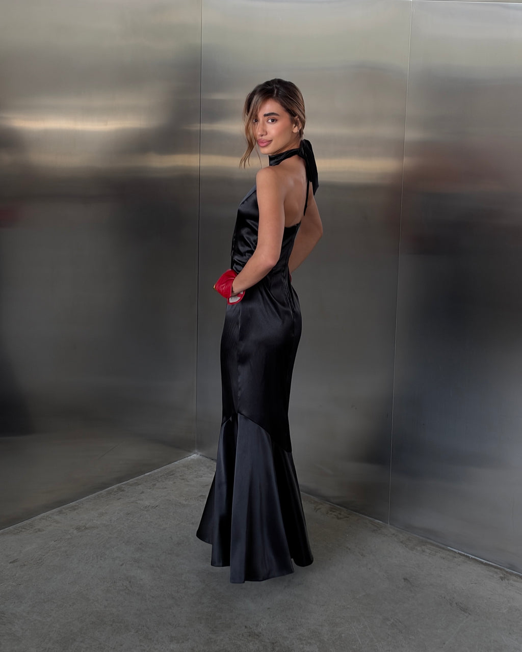 Amore Black Satin Halter Neck Maxi Dress