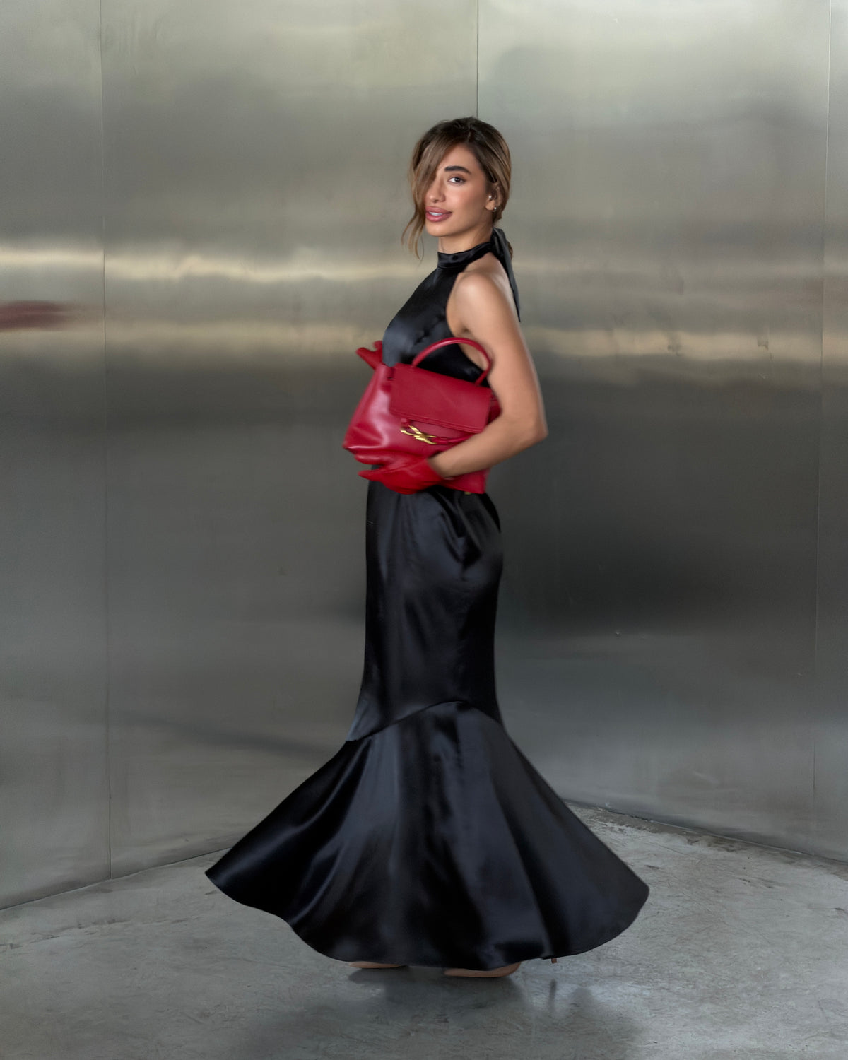 Amore Black Satin Halter Neck Maxi Dress